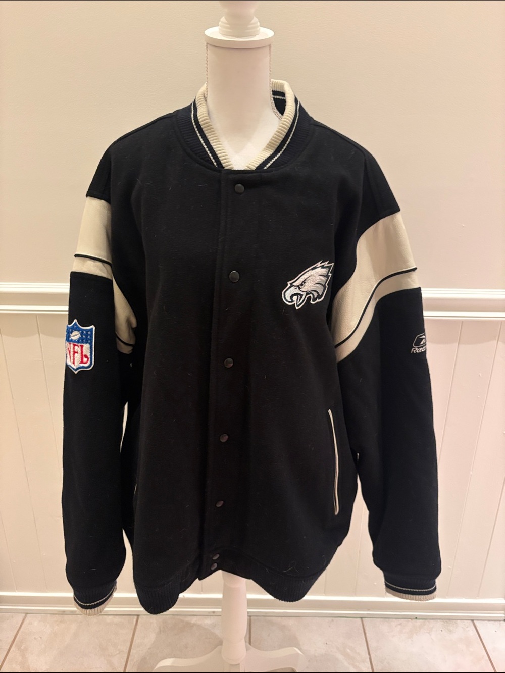 Reebok Black and Cream Philadelphia Eagles Varsity Jacket